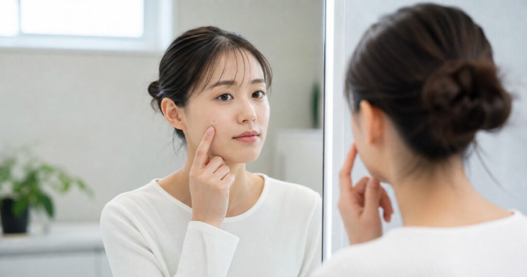 頬に小さな透明パッチを貼って鏡を確認する日本人女性