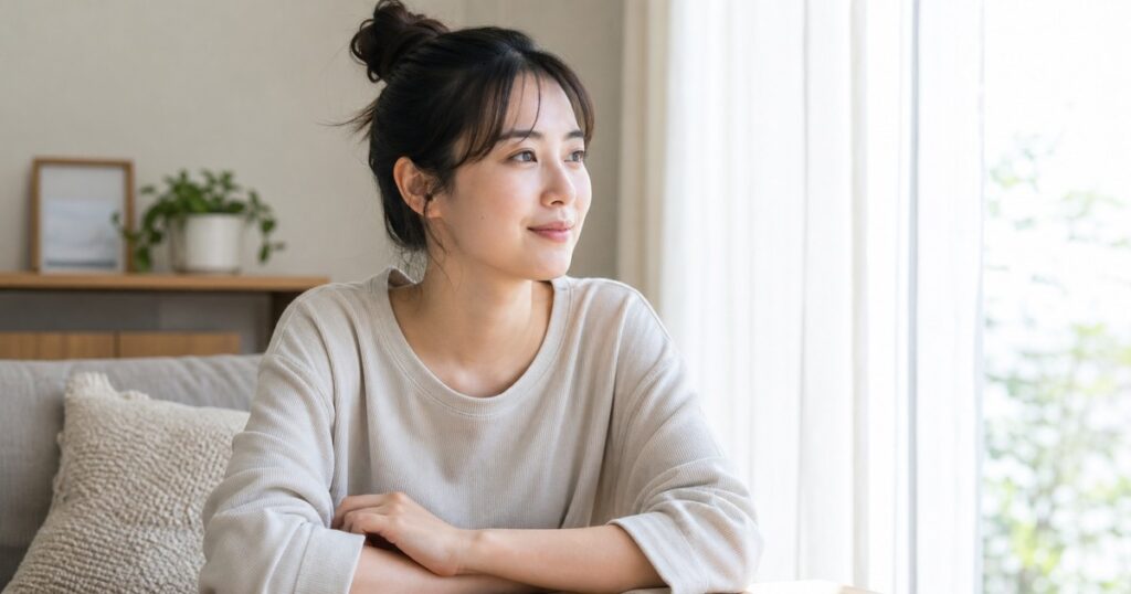 窓辺で穏やかに考えごとをする日本人女性