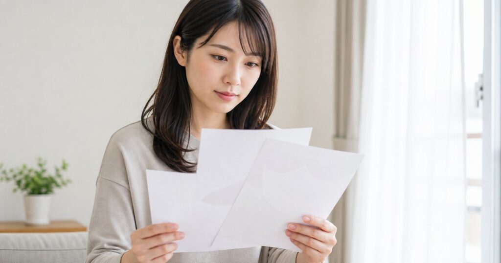窓辺で資料を読みながら考える日本人女性