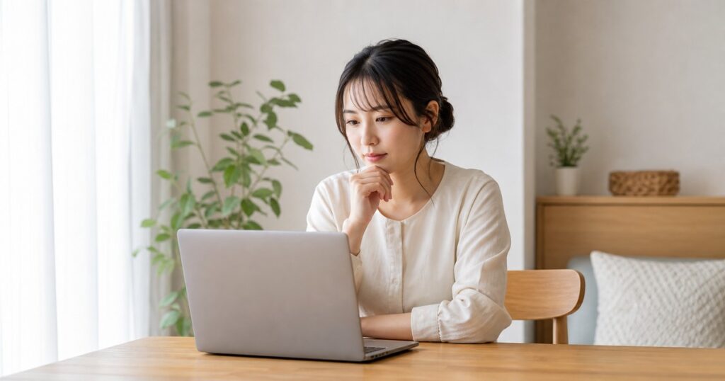 ノートパソコンの前で考え込む日本人女性