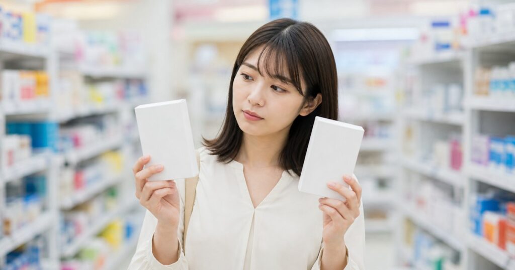 薬局の棚で内服薬のパッケージを見比べる日本人女性