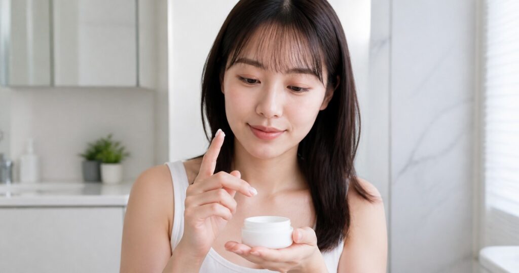 洗面台で軟膏を指に取る日本人女性