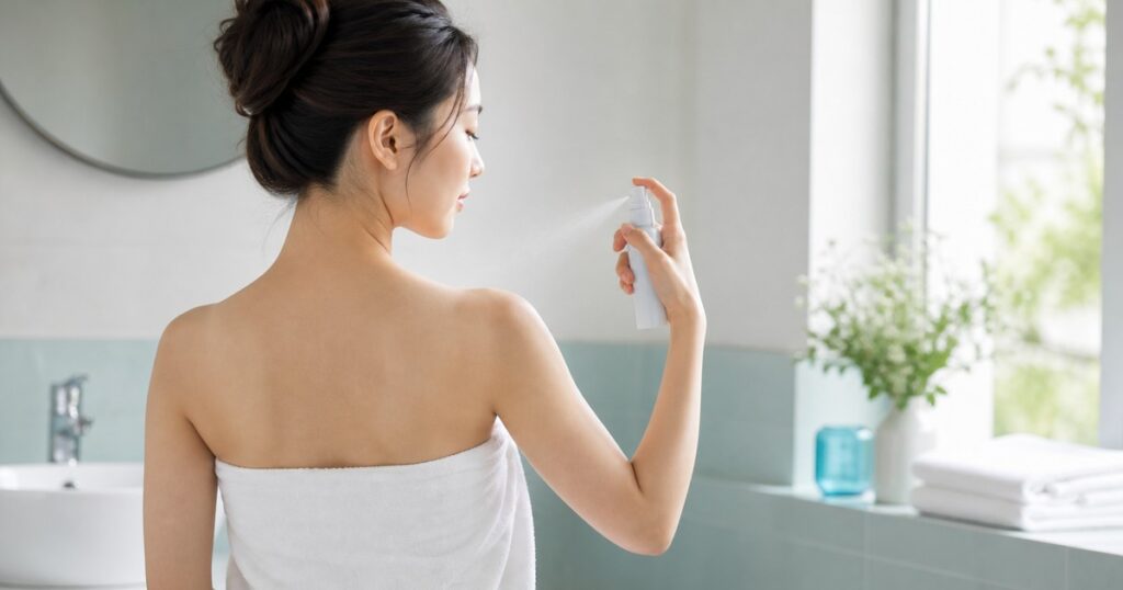 背中のスキンケアをする日本人女性の後ろ姿