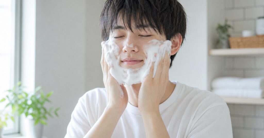 泡で洗顔をする学生