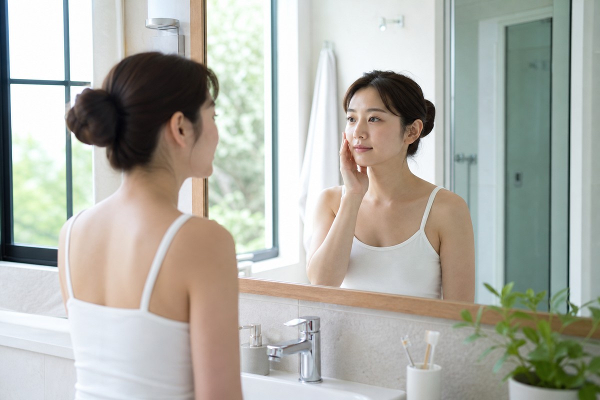 スキンケアの役割を確認しながら鏡の前に立つ日本人女性