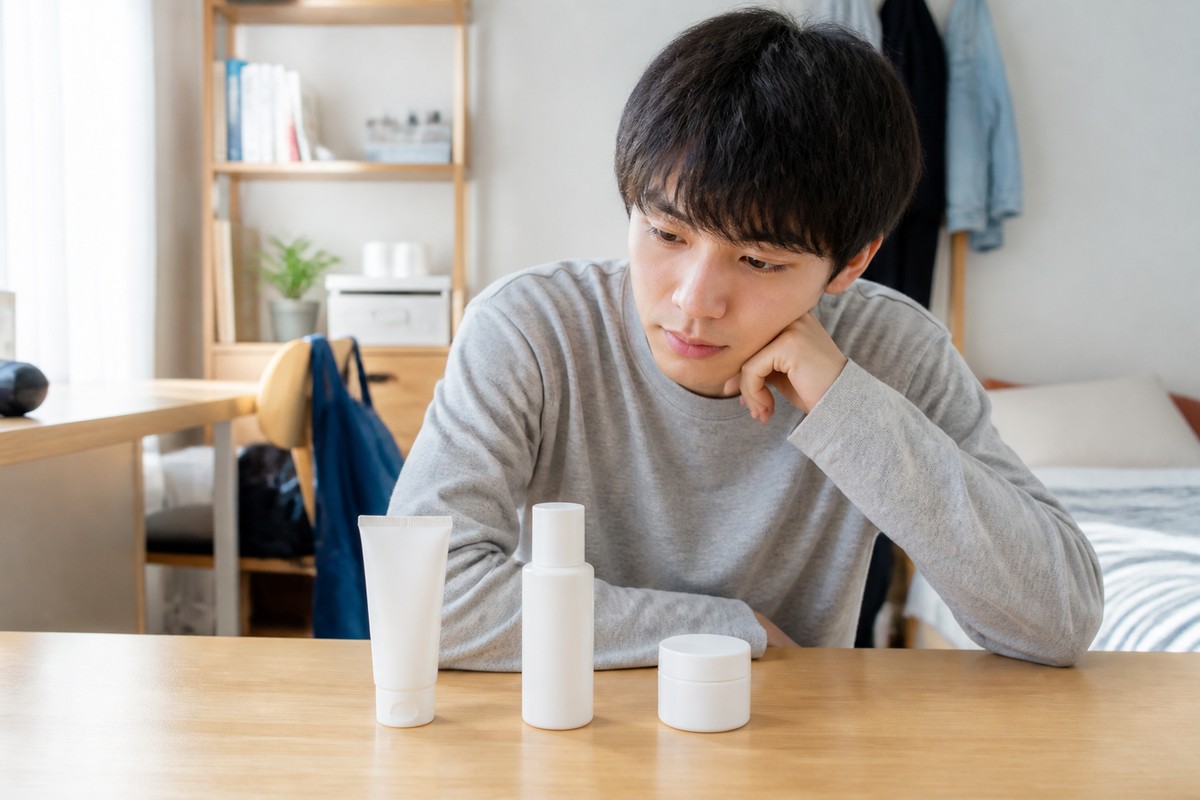 スキンケアの3ステップを順番に確認する日本人男性