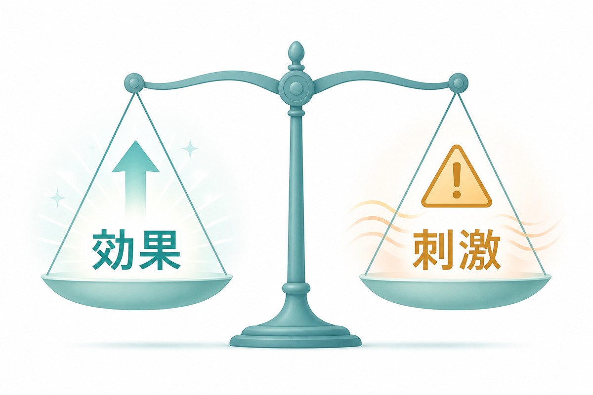 薬の強さと刺激のバランスを天秤で示した図解