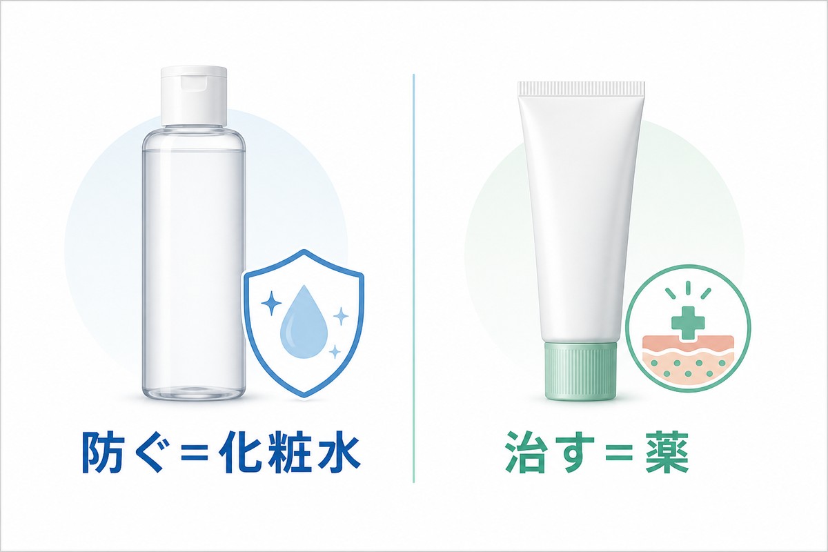 化粧水と薬の役割分担を示す図解