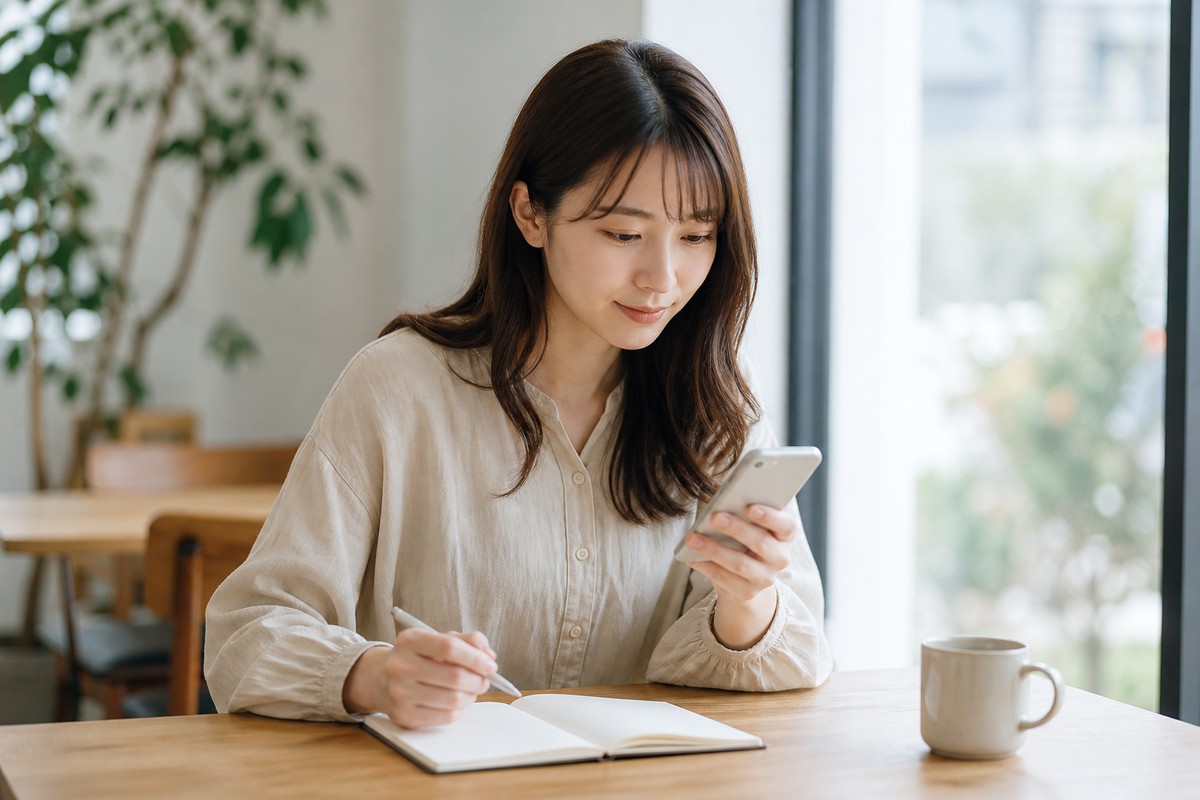 スマートフォンで口コミを確認しながら比較検討する日本人女性