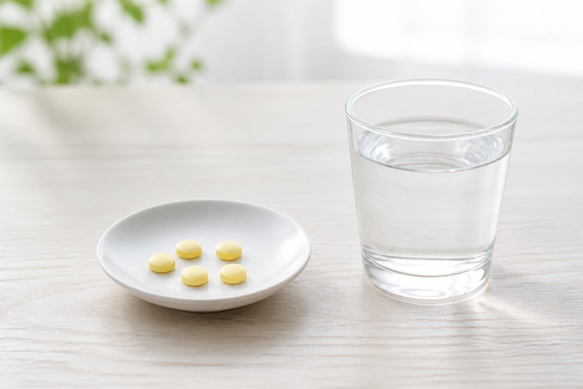ビタミン剤の錠剤とコップの水