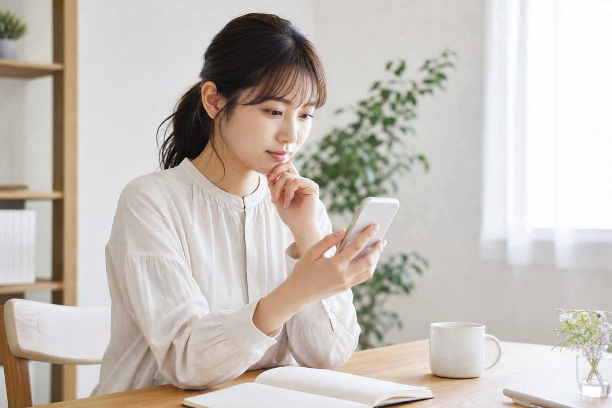 スマートフォンでコスメの口コミを比較する日本人女性