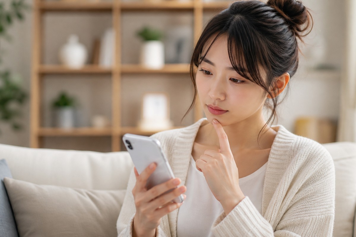 スマートフォンで口コミを確認する日本人女性