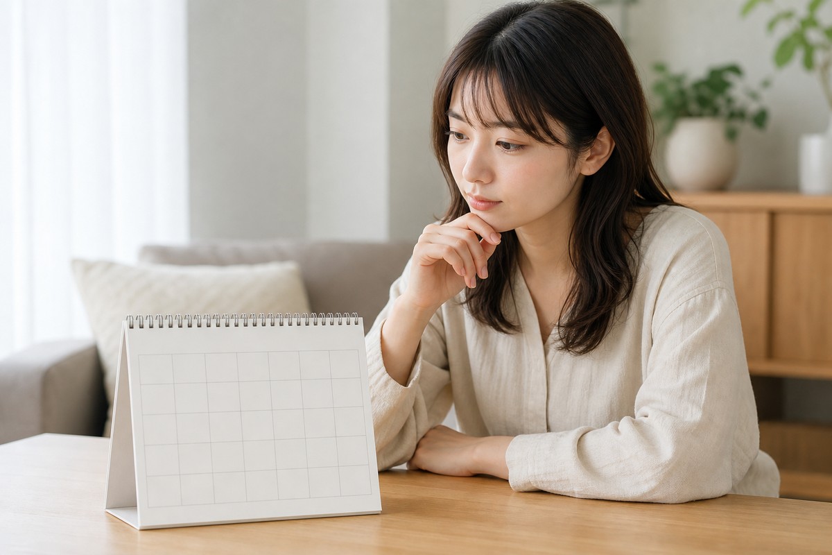 カレンダーを眺めて経過を考える日本人女性