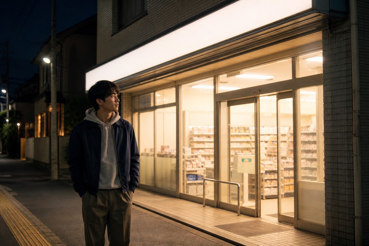 夜のコンビニの前で立ち止まる人のイメージ