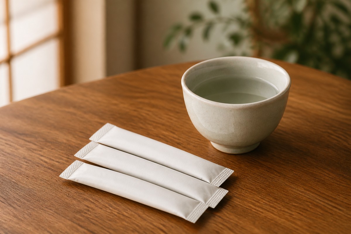 漢方薬の顆粒スティックと湯呑み