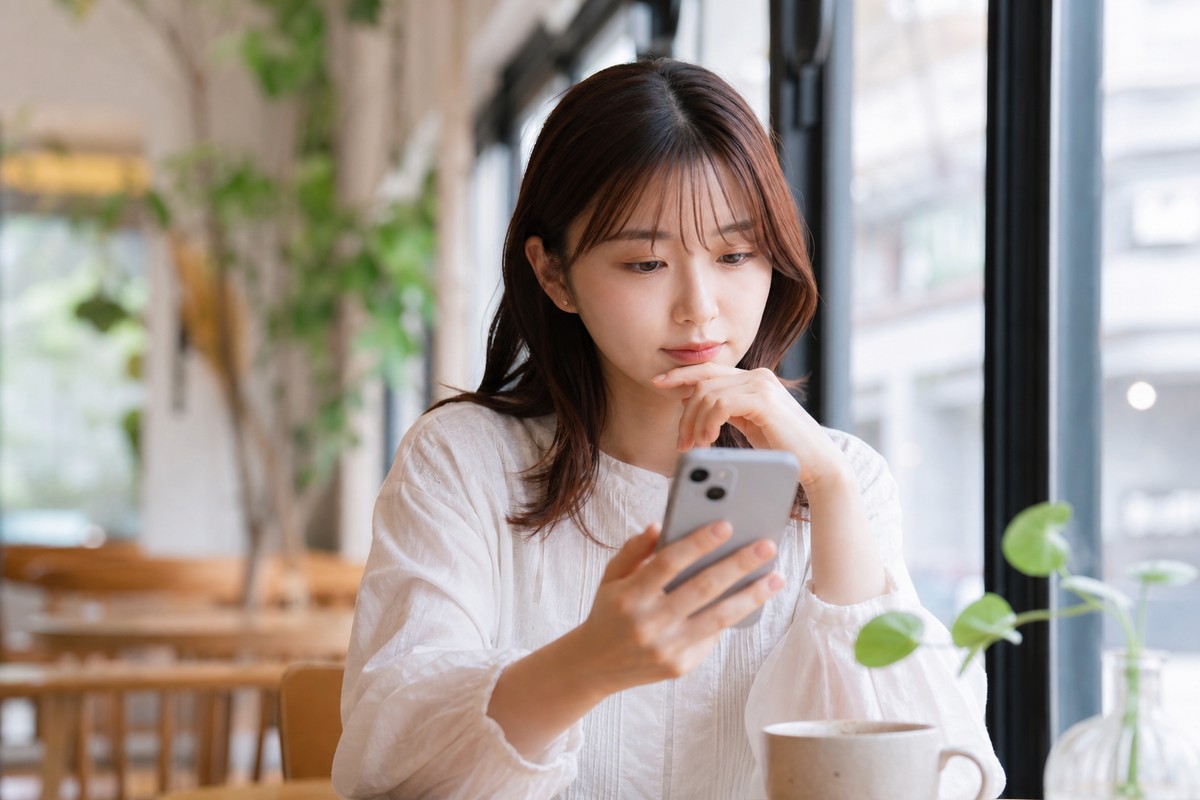 スマートフォンで口コミを読み比べる日本人女性