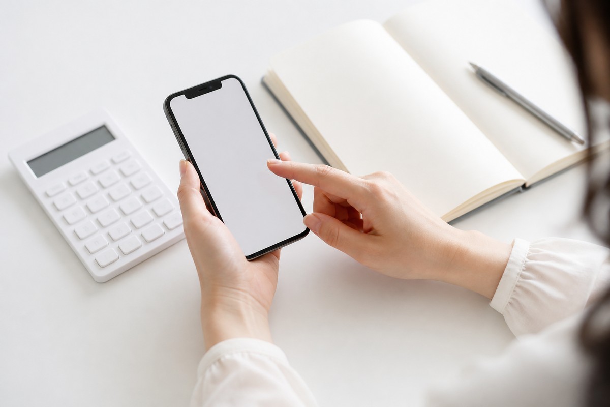 オンライン診療の費用を電卓とスマートフォンで確認する手元