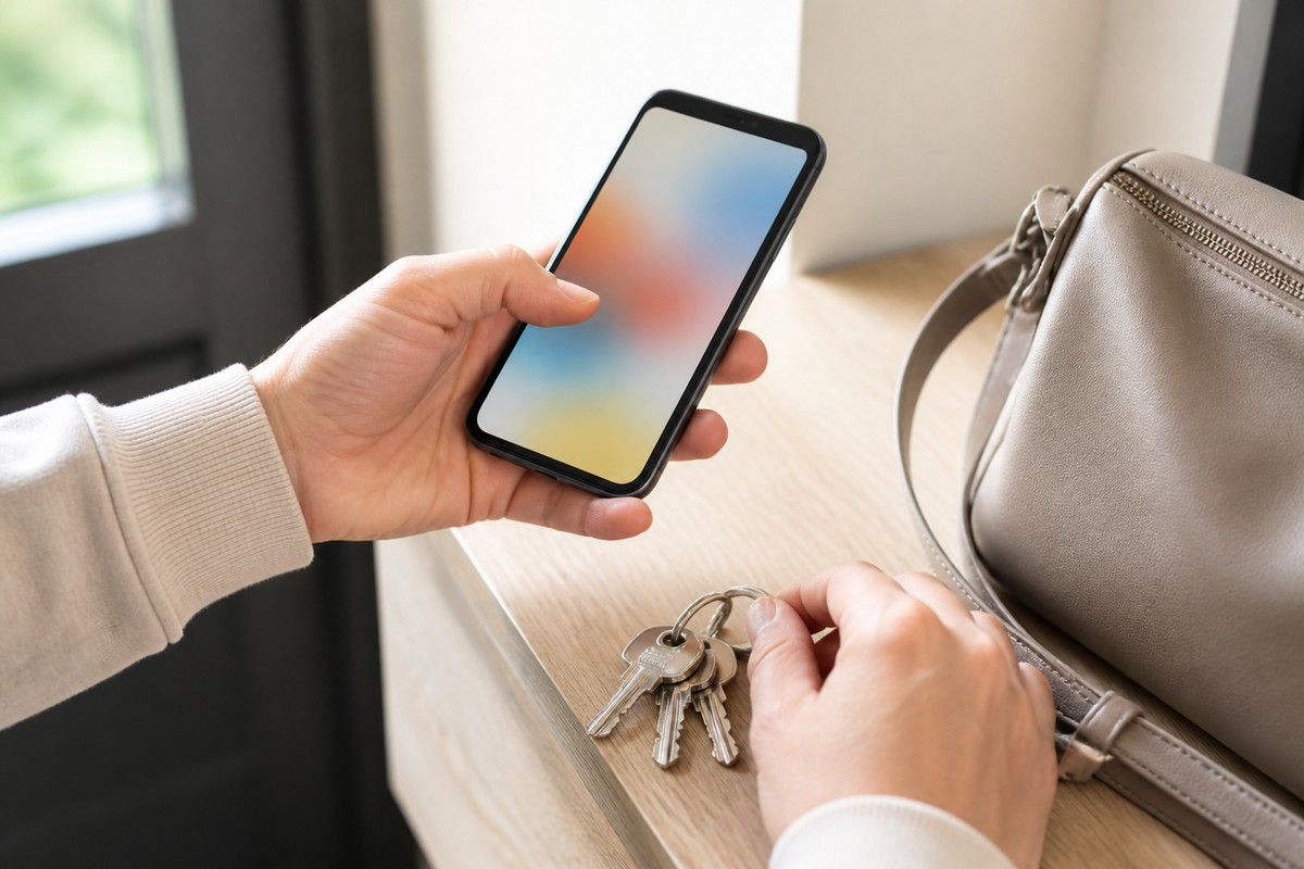 スマートフォンで在庫を確認しながら出かける準備をする手元