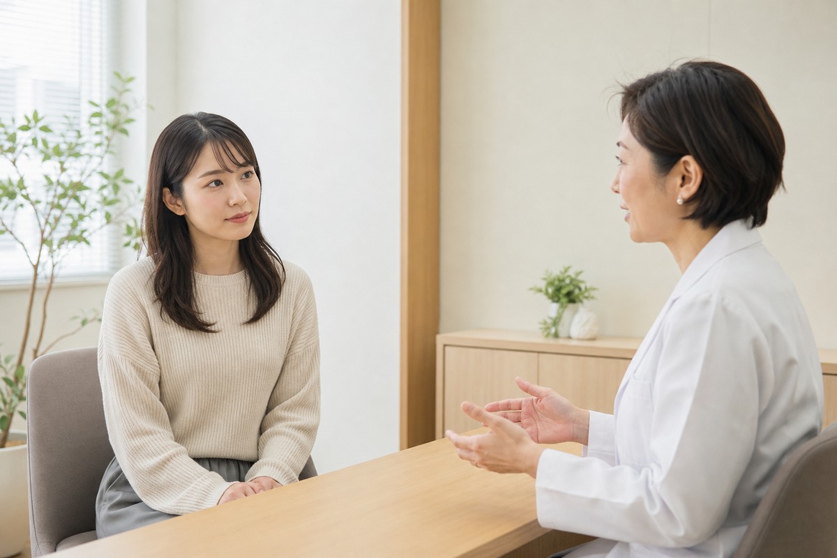 診察室で医師と落ち着いて相談する日本人女性