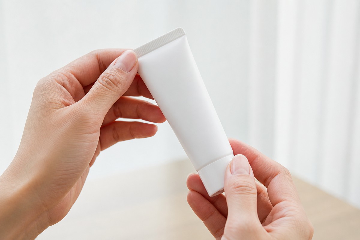 薬のチューブを手に取って確認するイメージ