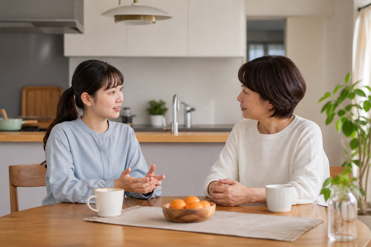 落ち着いた表情で家族と会話する日本人女性