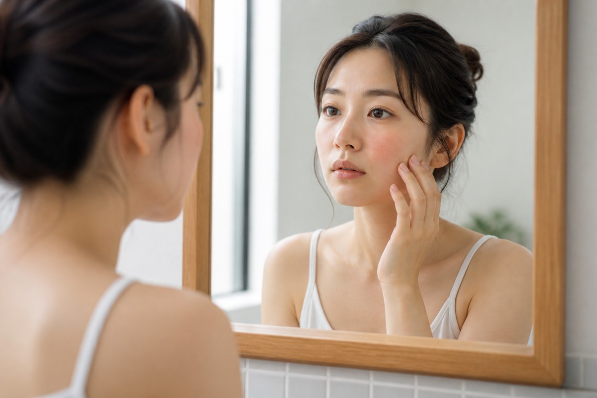 頬の赤みを鏡で確認する日本人女性