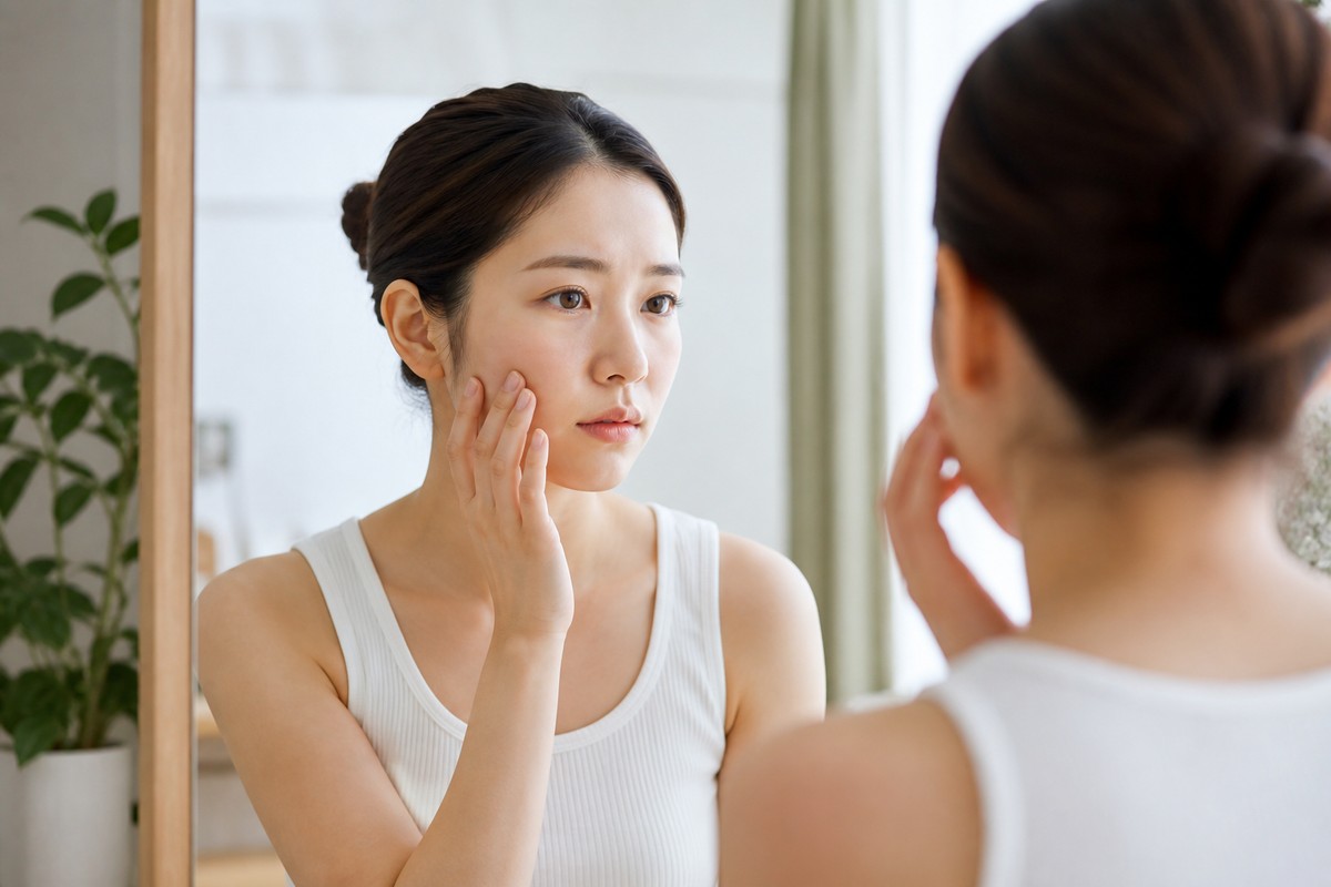 肌の状態を鏡で慎重に確認する日本人女性