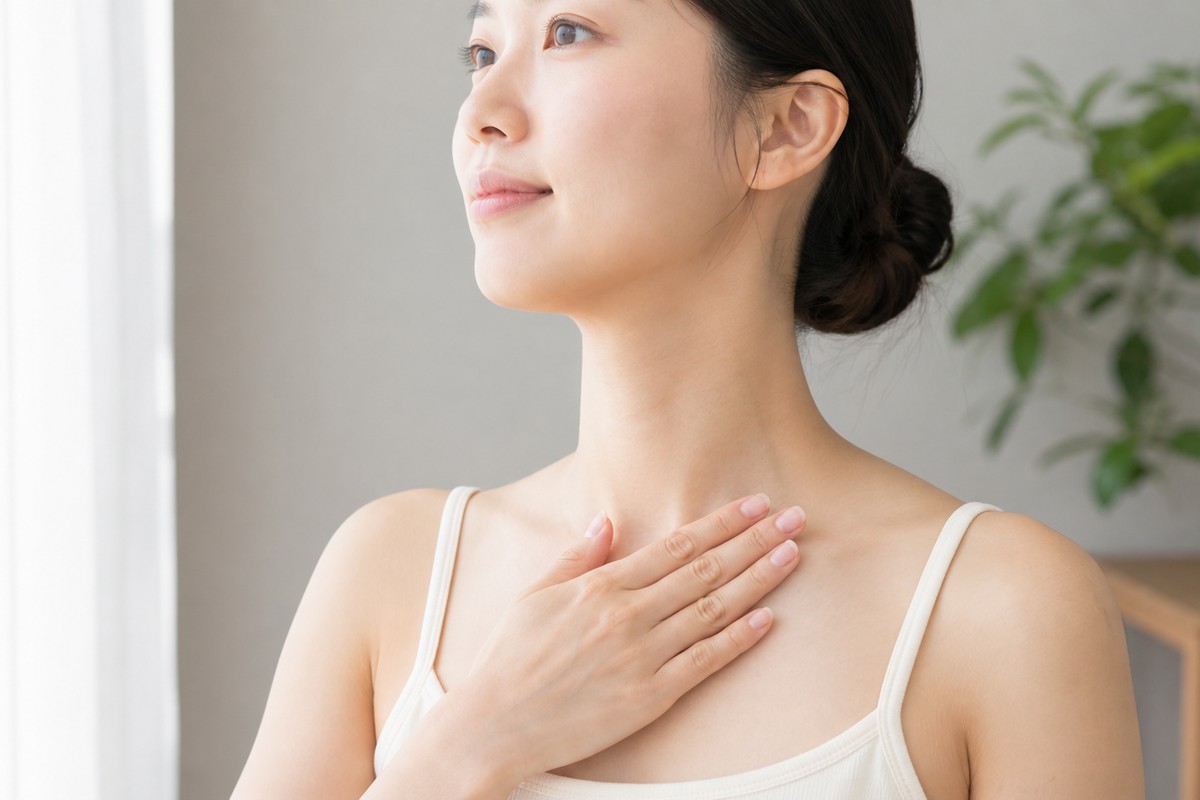 デコルテのスキンケアをする日本人女性