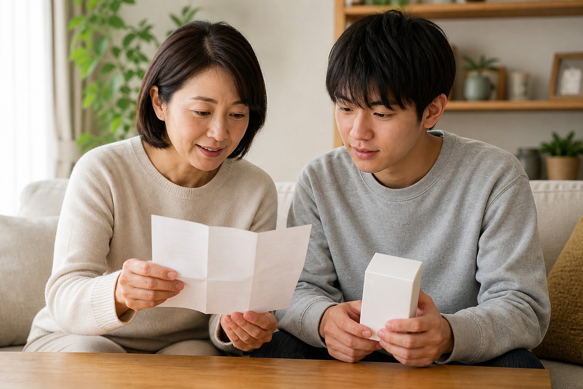 親子でパッケージの説明を確認するイメージ