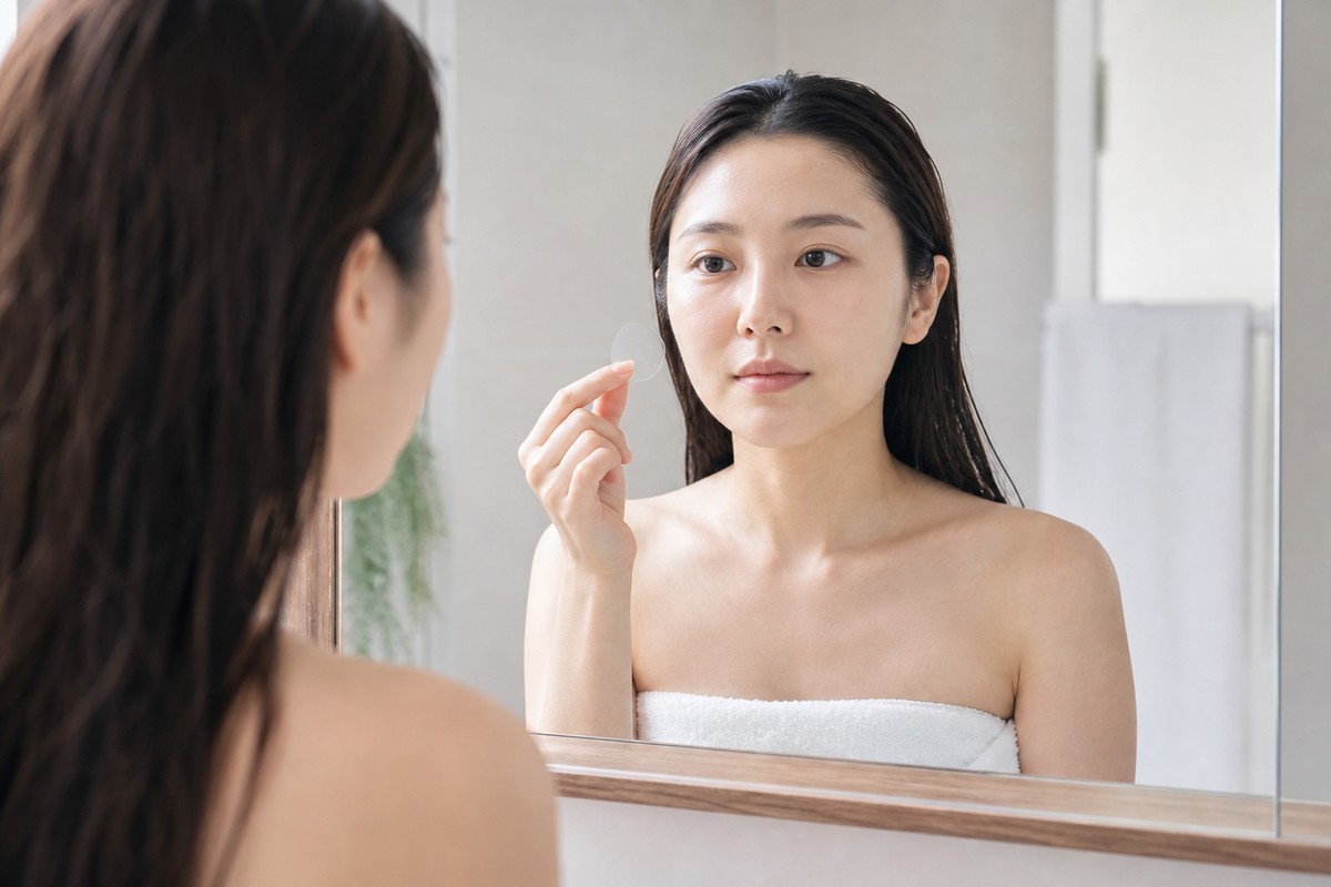洗顔後に鏡の前でパッチを貼る準備をする日本人女性