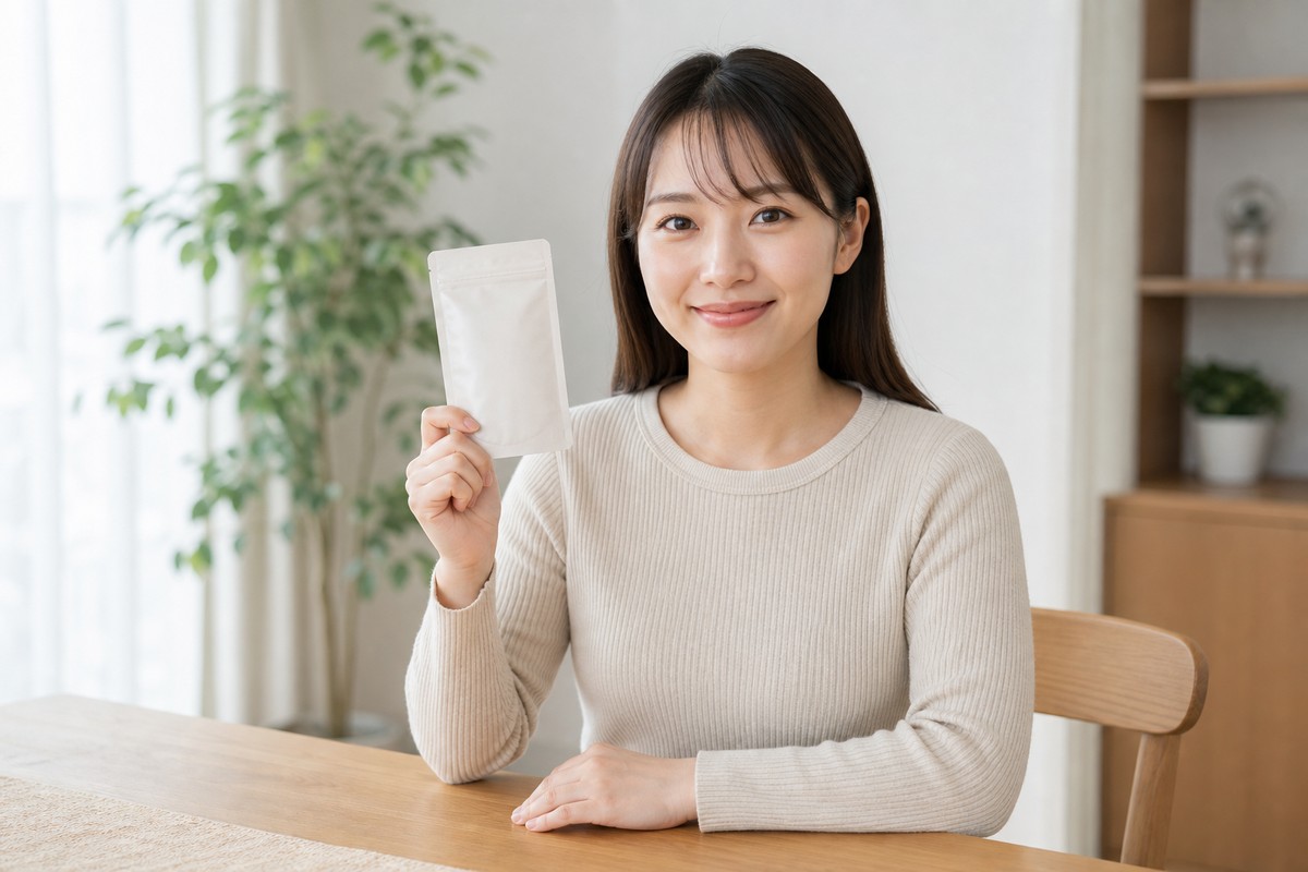 疑問が解決した表情でパッチのパッケージを持つ日本人女性