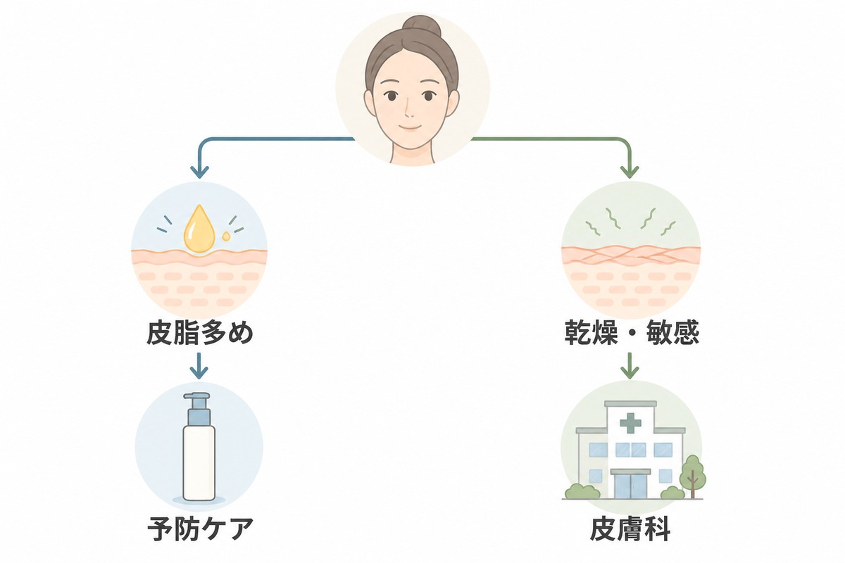 肌質によって合う選択肢が分かれることを示す分岐図