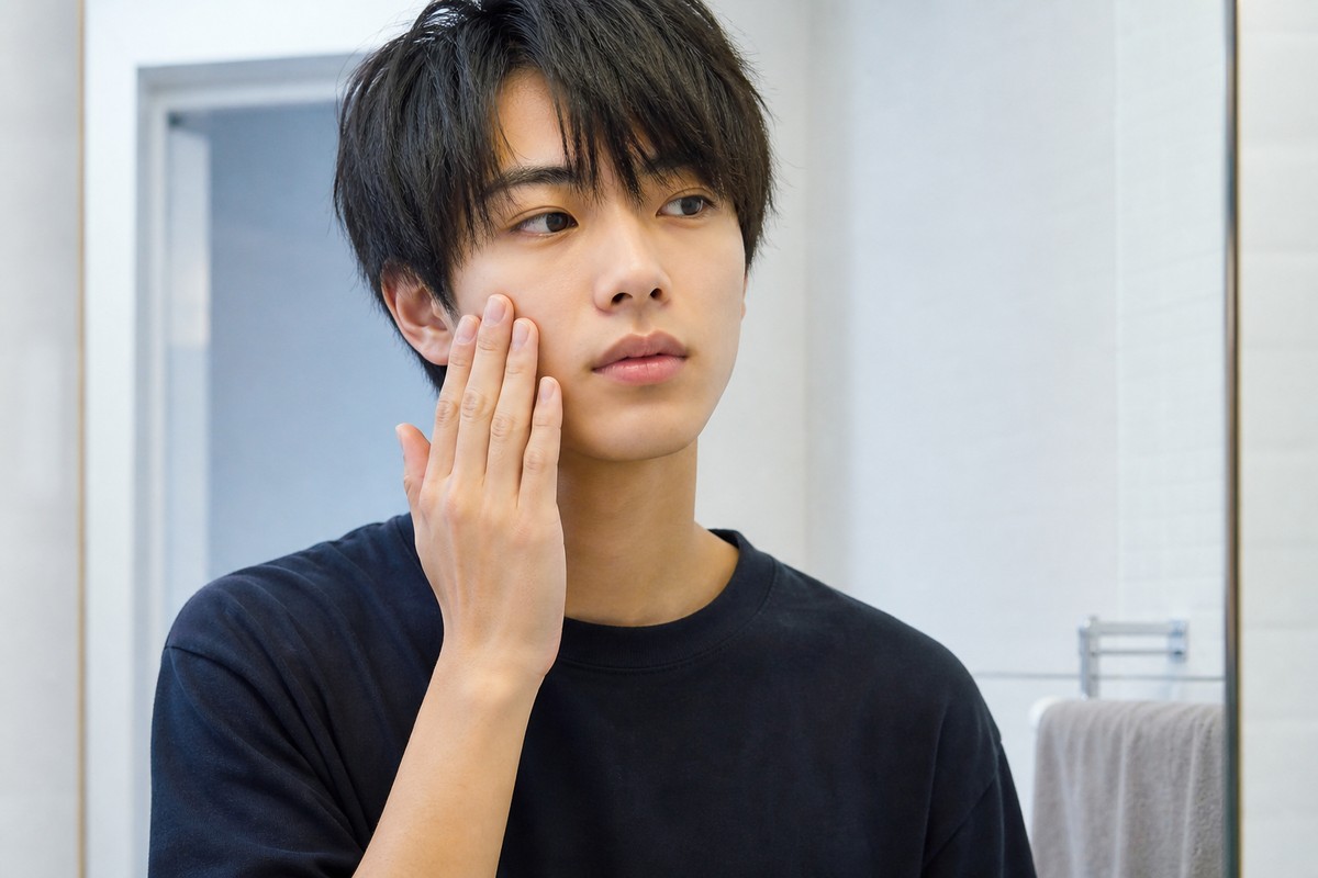 洗顔後にケアをする男子学生