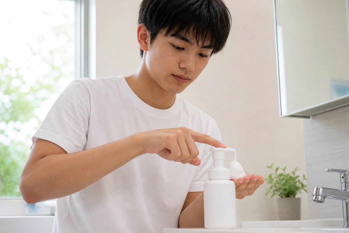 泡ポンプで洗顔する男子学生