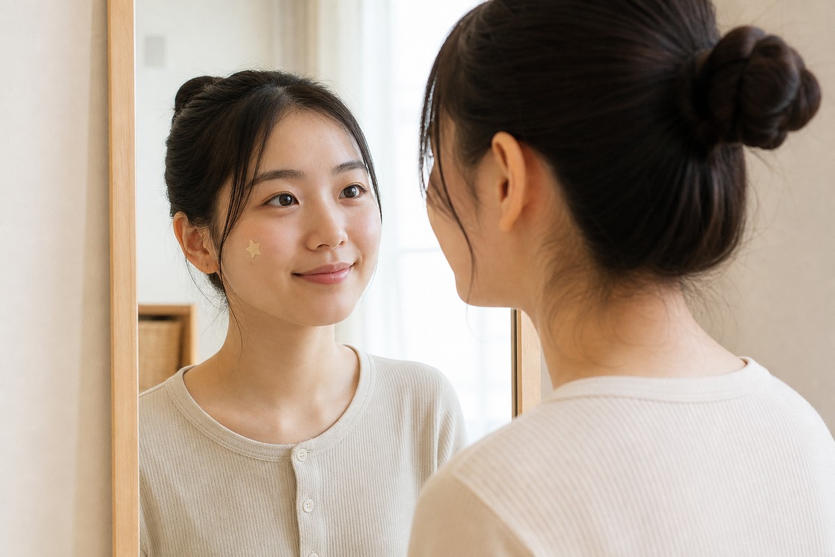 星型パッチを貼って鏡の前で笑顔を見せる日本人の若い女性
