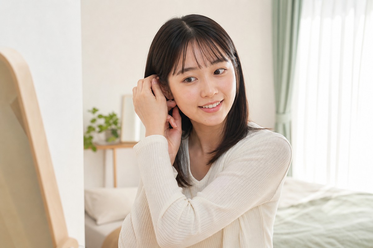 朝の光の中で身支度を整える日本人女性