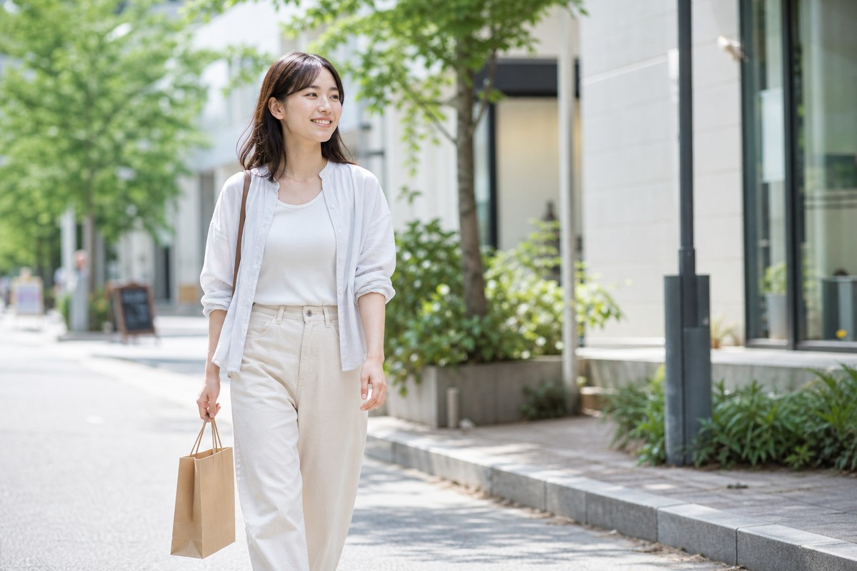買い物を終えて明るい表情で歩く日本人女性