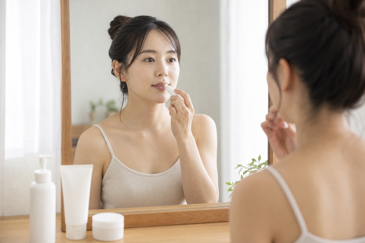 リップクリームと保湿剤でケアする日本人女性