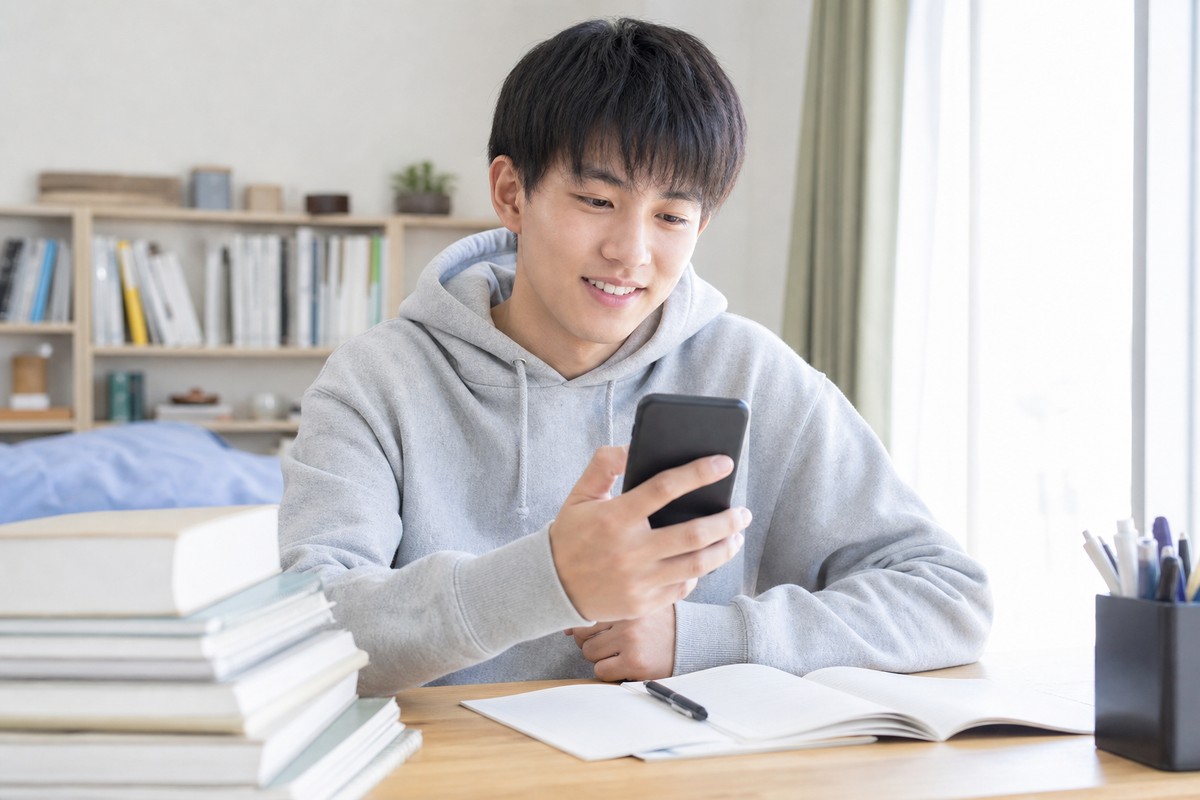 疑問が解消して安心した表情でスマートフォンを見る日本人学生
