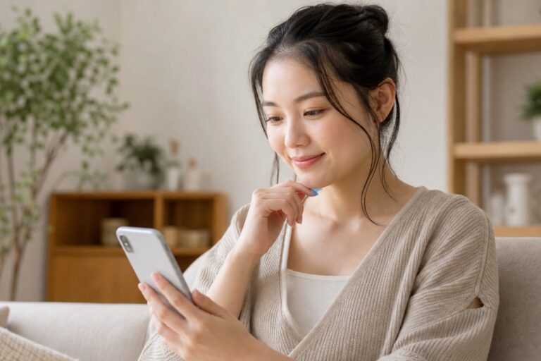 スマートフォンで記事を探す女性