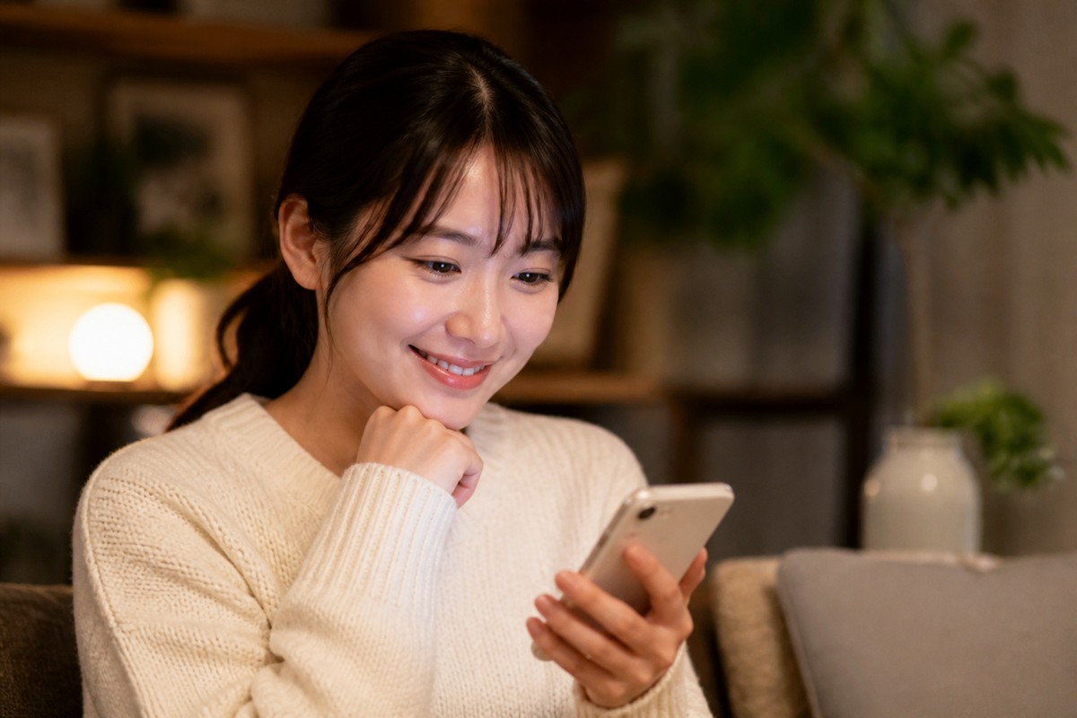 疑問が解消して安心した表情でスマートフォンを見る日本人女性