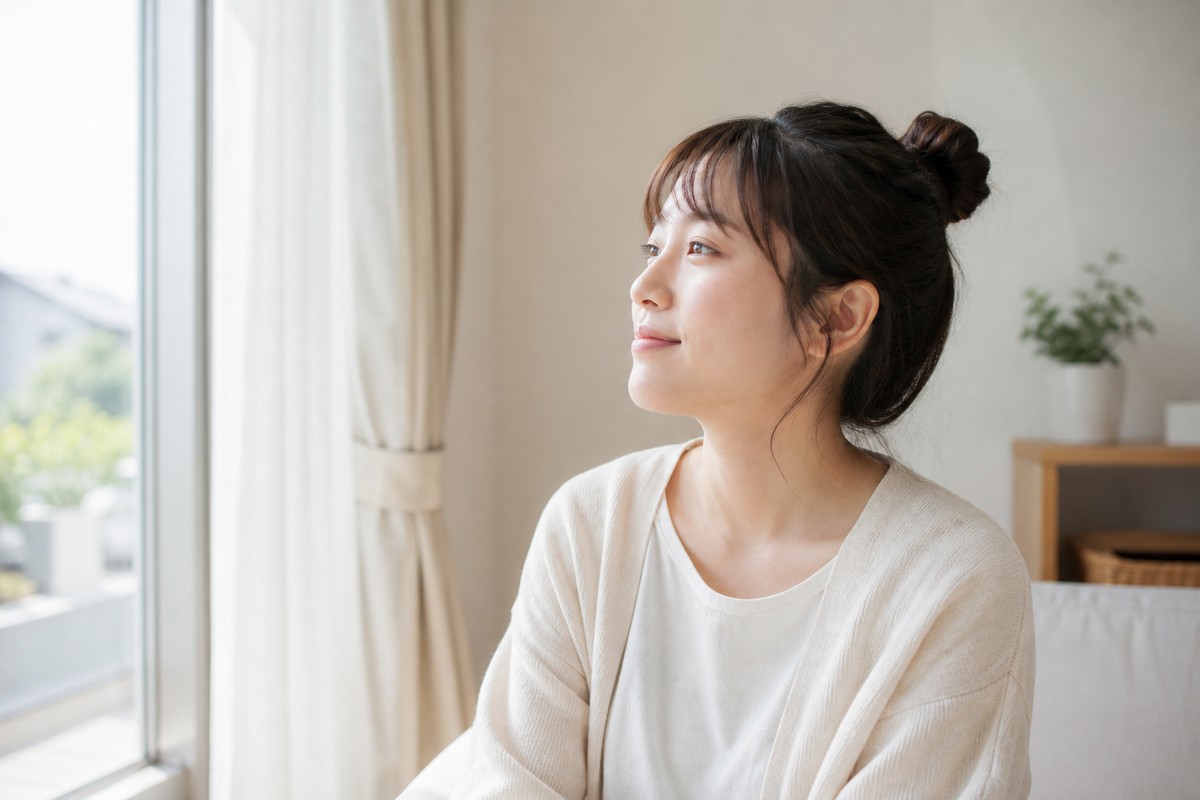 朝の光の中で穏やかに微笑む日本人女性