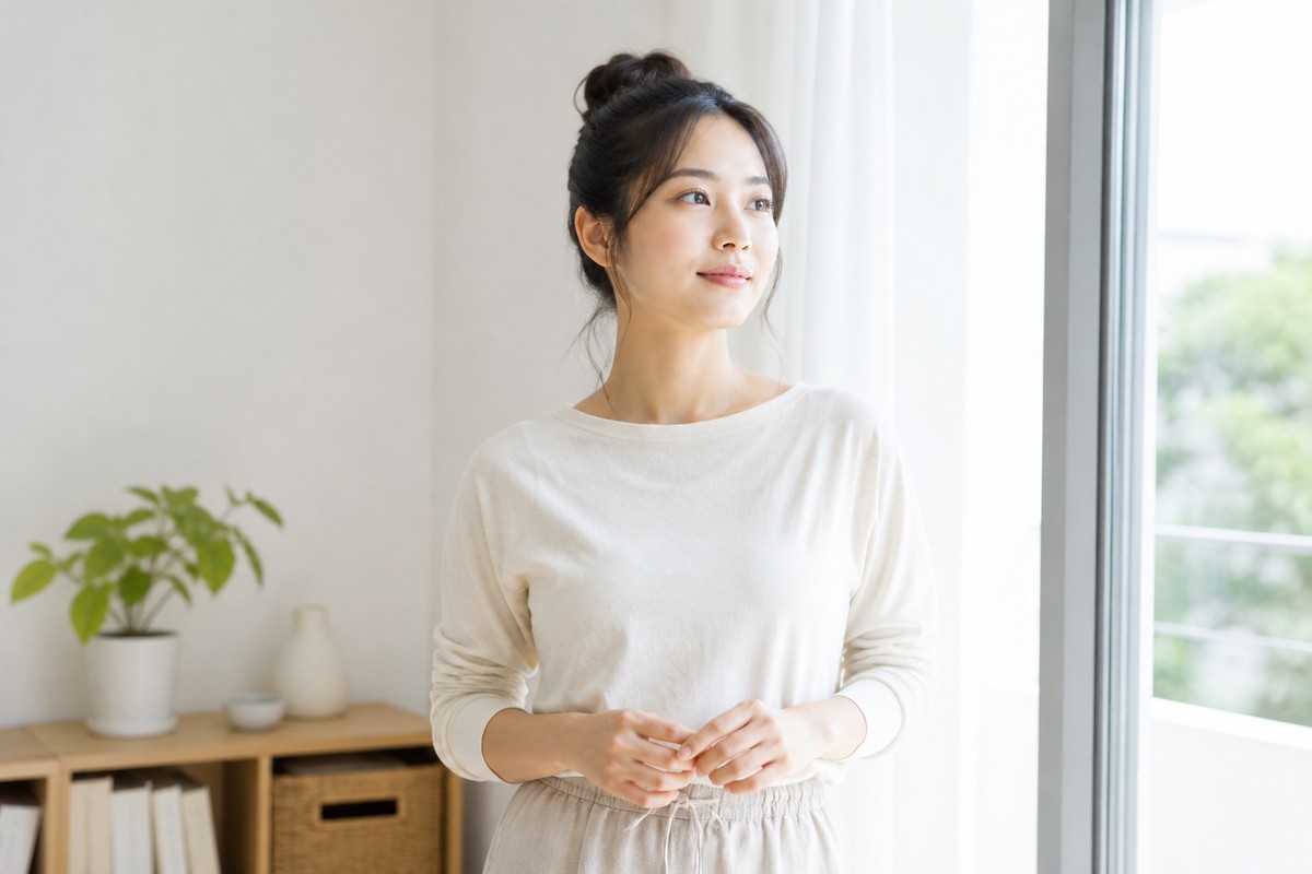 窓辺で前向きな表情を見せる日本人女性