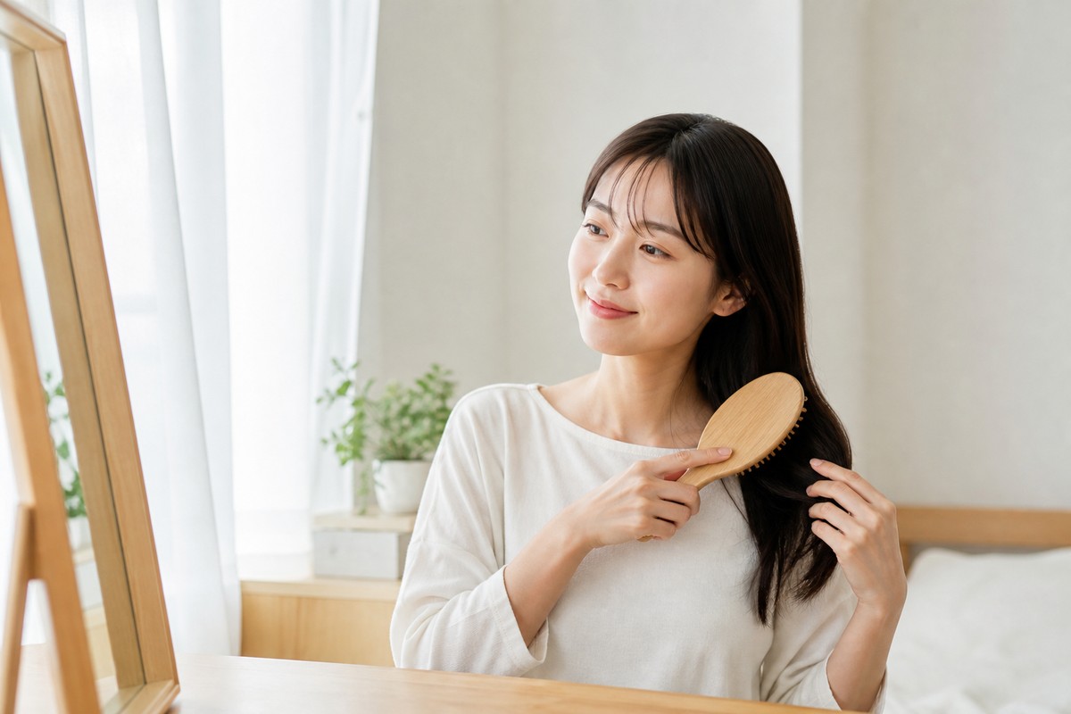 明るい表情で朝の支度をする日本人女性