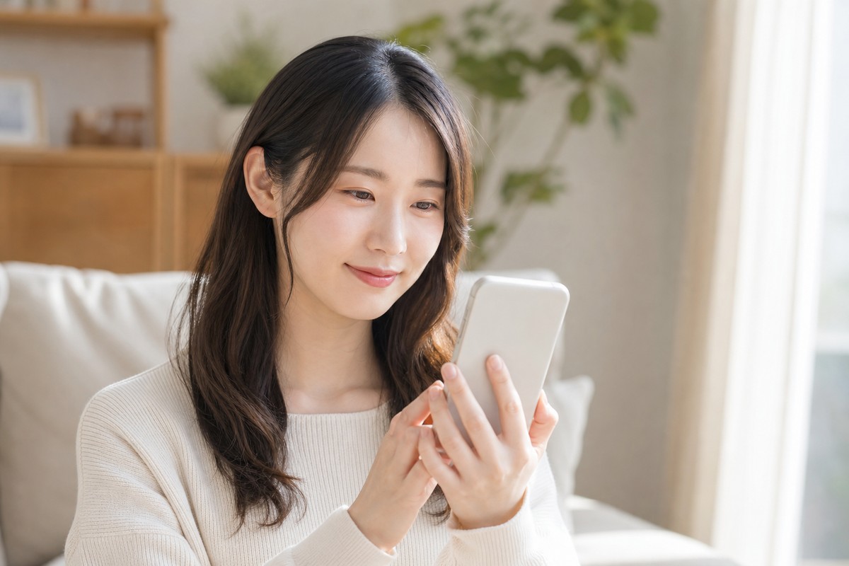 疑問が解決して安心した表情の日本人女性