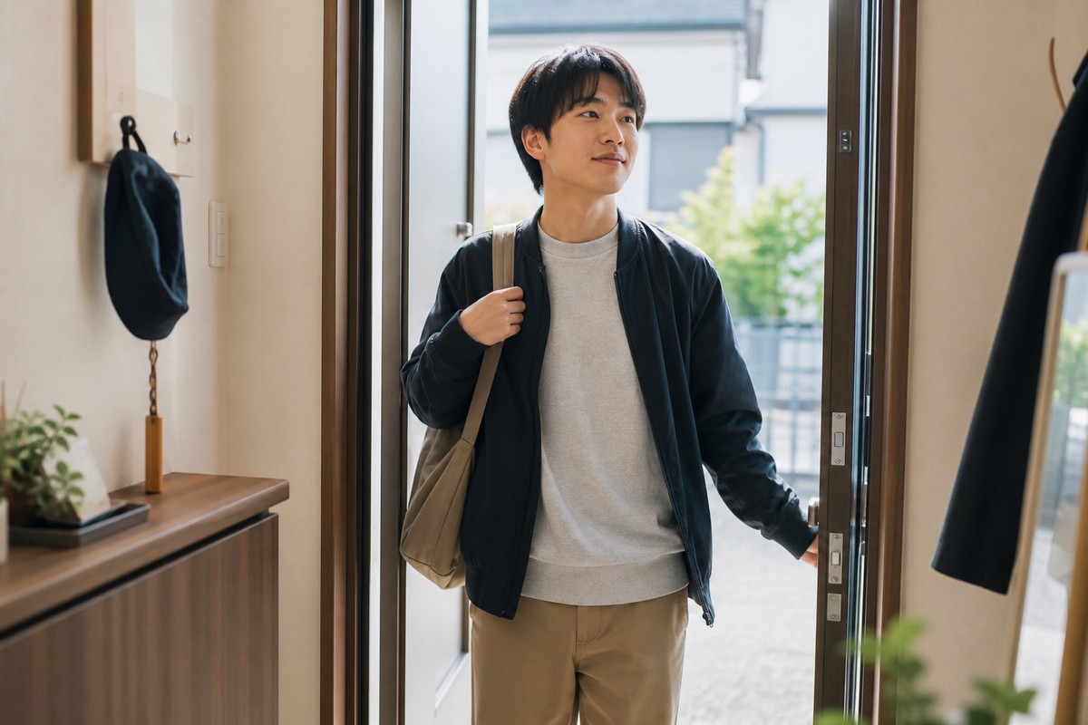 朝の身支度を整えて前向きに出かける日本人の若者