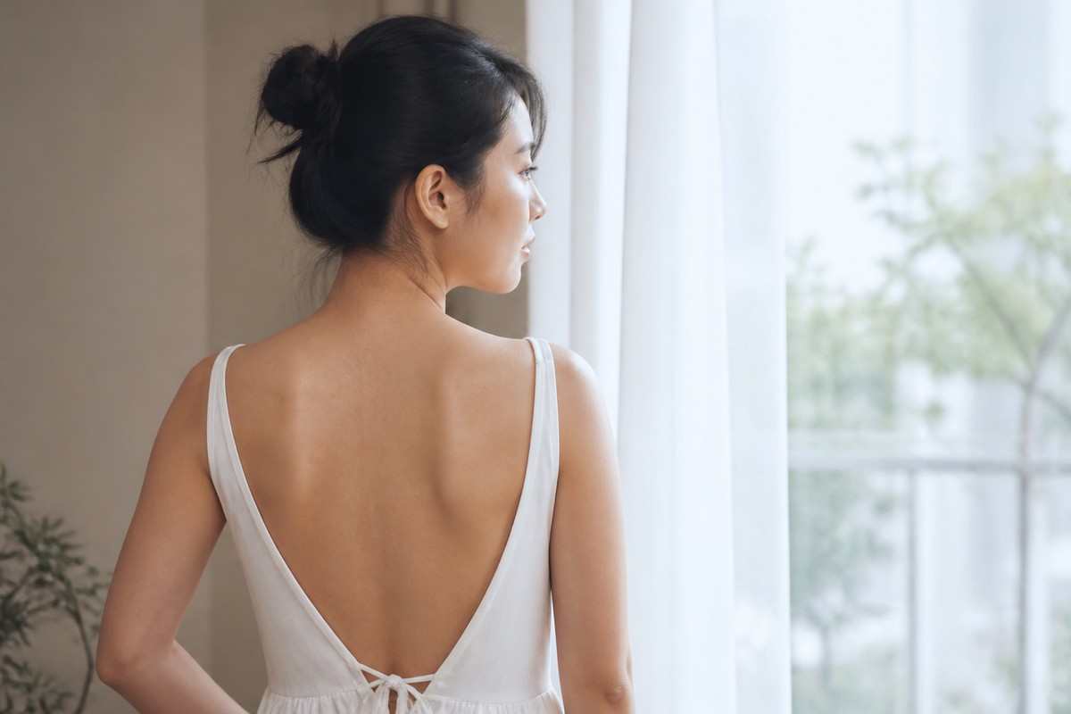 背中の開いた服を自然に着こなす日本人女性