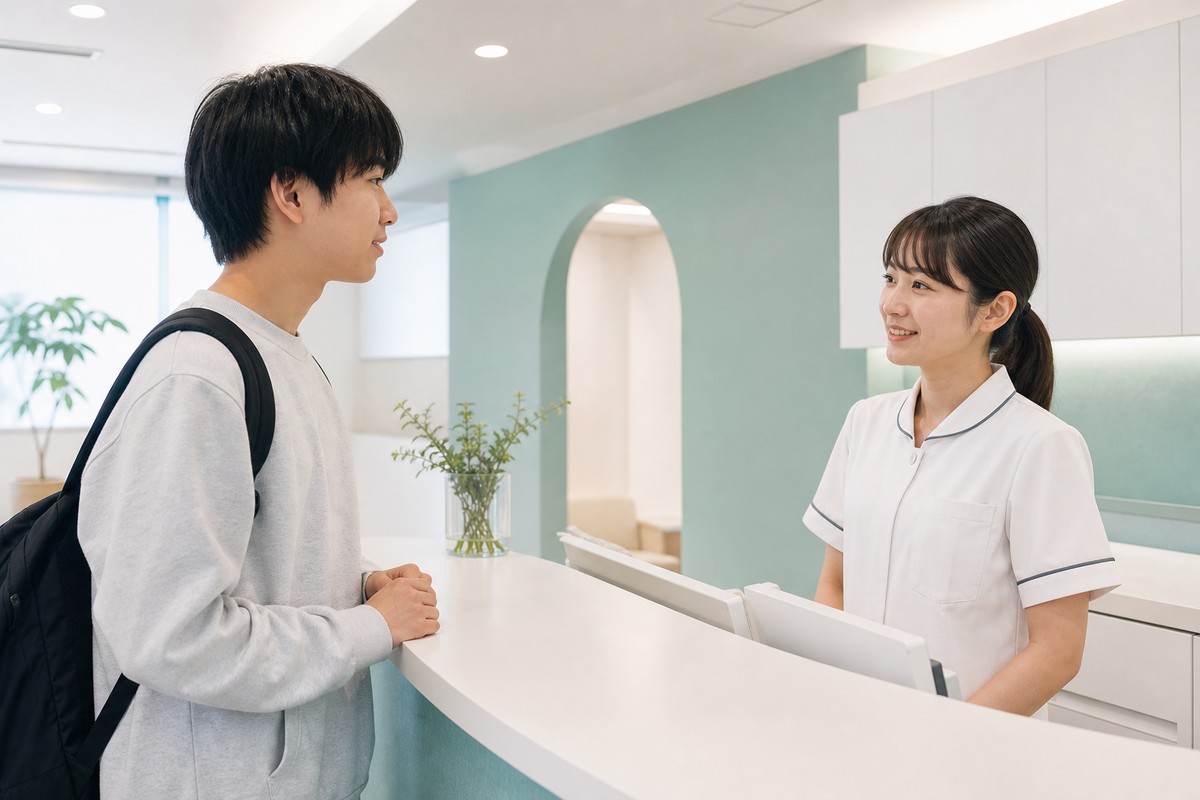 皮膚科の受付で相談する学生のイメージ
