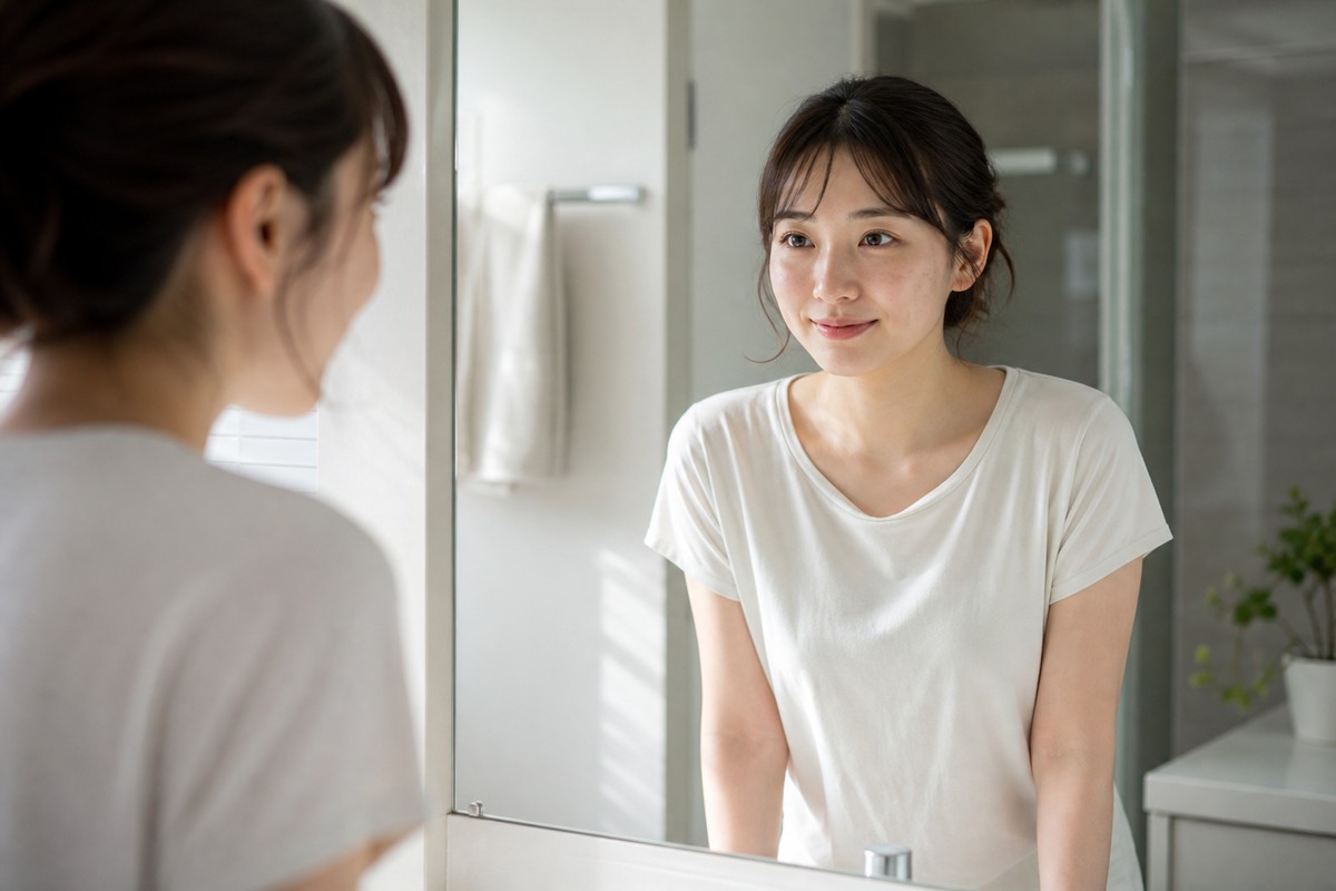 朝の光の中で鏡を見て前向きに微笑む日本人女性