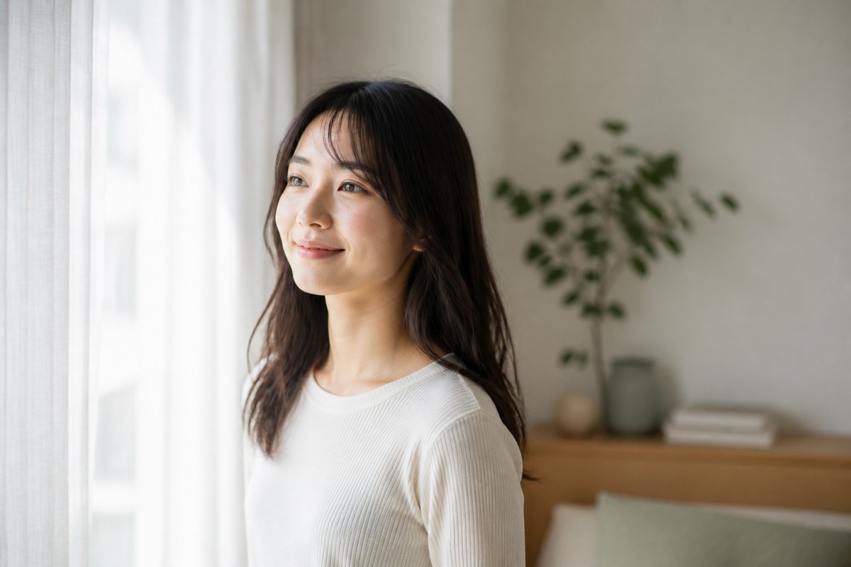朝の光の中で穏やかな表情の日本人女性